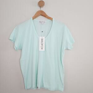 Wildfox Teal Blue Distressed V-Neck Cotton T-Shirt Top Sample Piece NWT - S